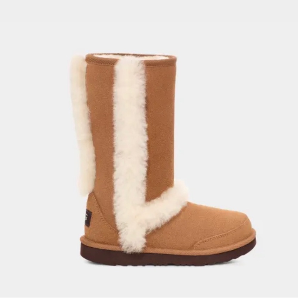 Brand are Uggs.Size is 2 in Bigkids. Color is chestnut.